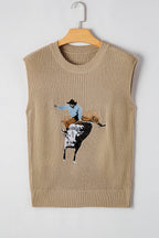 Western Cowboy Embroidered Round Neck Sleeveless Sweater