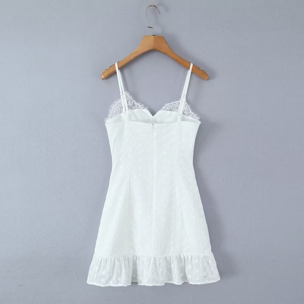 V neck Lace Chest Bow Suspender Dress Sweet Slim Fit Wooden Ear