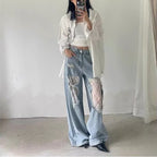 Women's Vintage Lace Stitching Ripped Jeans