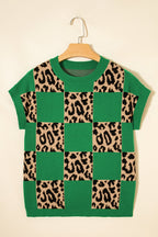 Leopard Checker Short Sleeve Knit Sweater