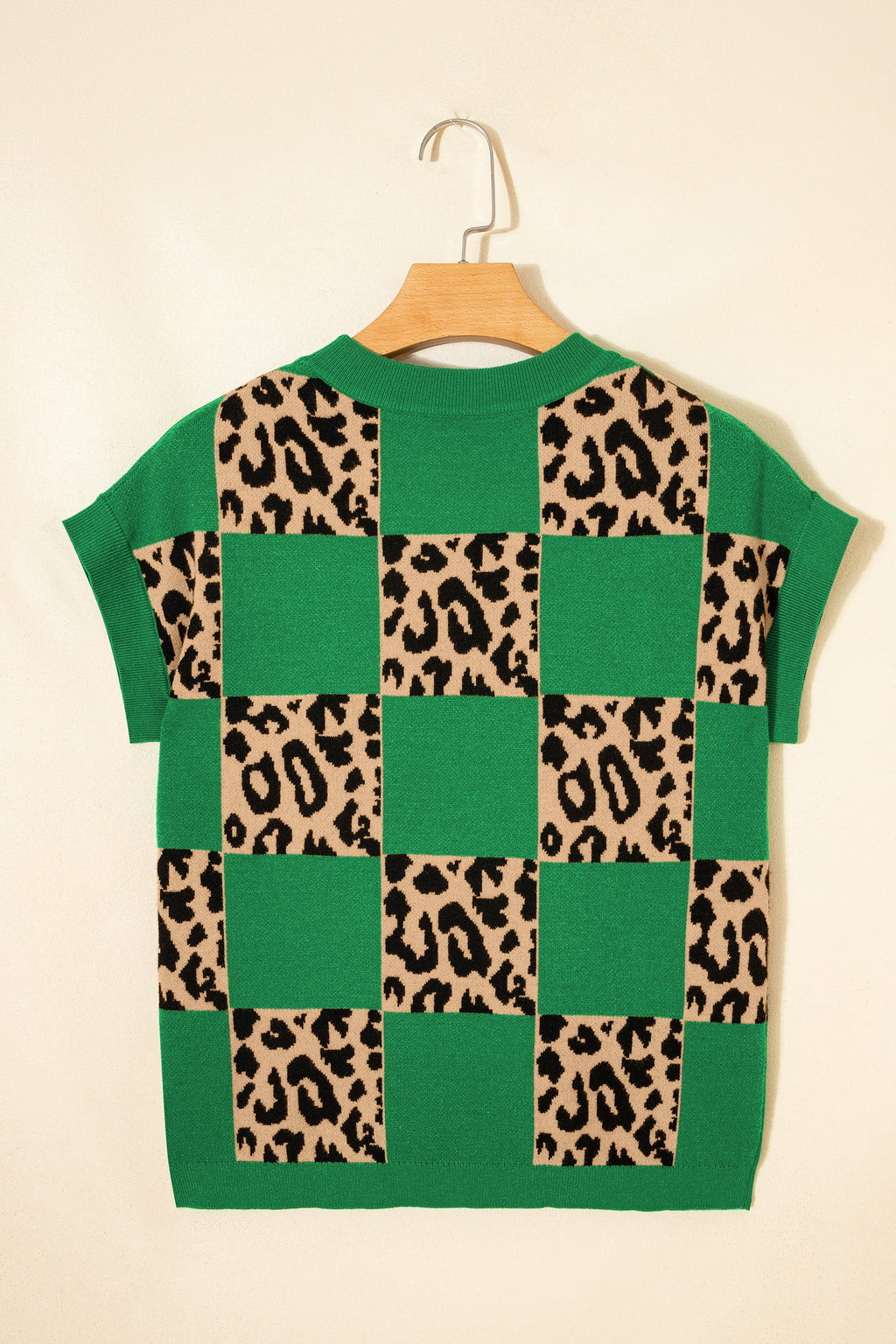 Leopard Checker Short Sleeve Knit Sweater