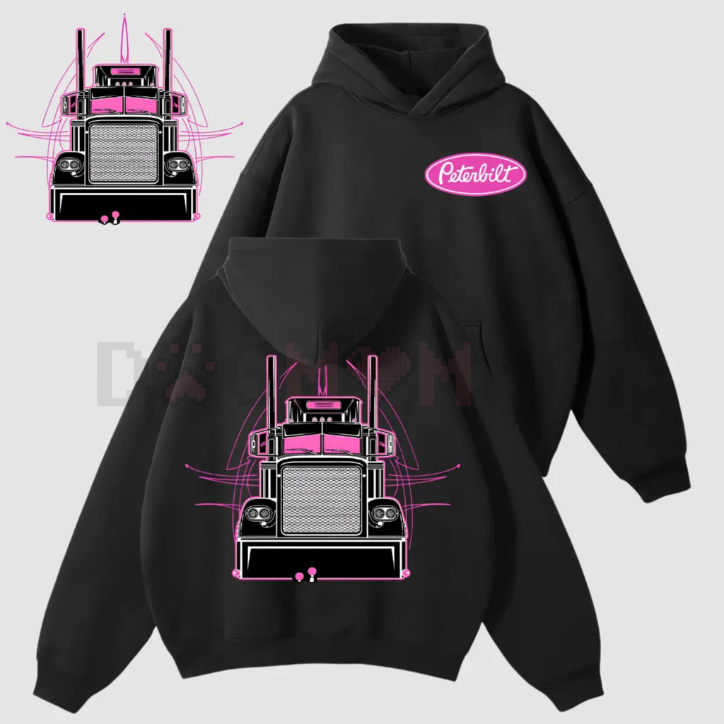 Peterbilt Pink Semi Truck 2side Hoodie – Vintage Orange Linework Semi Graphic