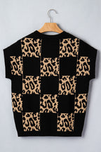 Leopard Checker Short Sleeve Knit Sweater