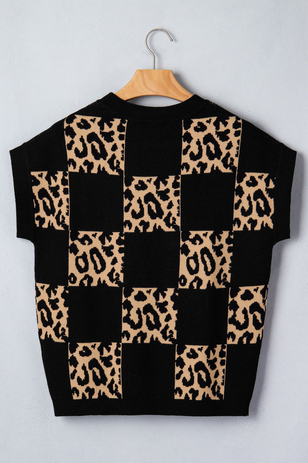 Leopard Checker Short Sleeve Knit Sweater