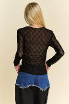 Davi & Dani Bow Mesh Round Neck Long Sleeve Top for Women