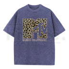 Vintage Leopard Graphic Washed T-Shirt – Retro 80s 90s Music Style Oversized Tee