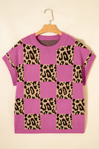 Leopard Checker Short Sleeve Knit Sweater