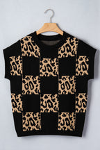 Leopard Checker Short Sleeve Knit Sweater