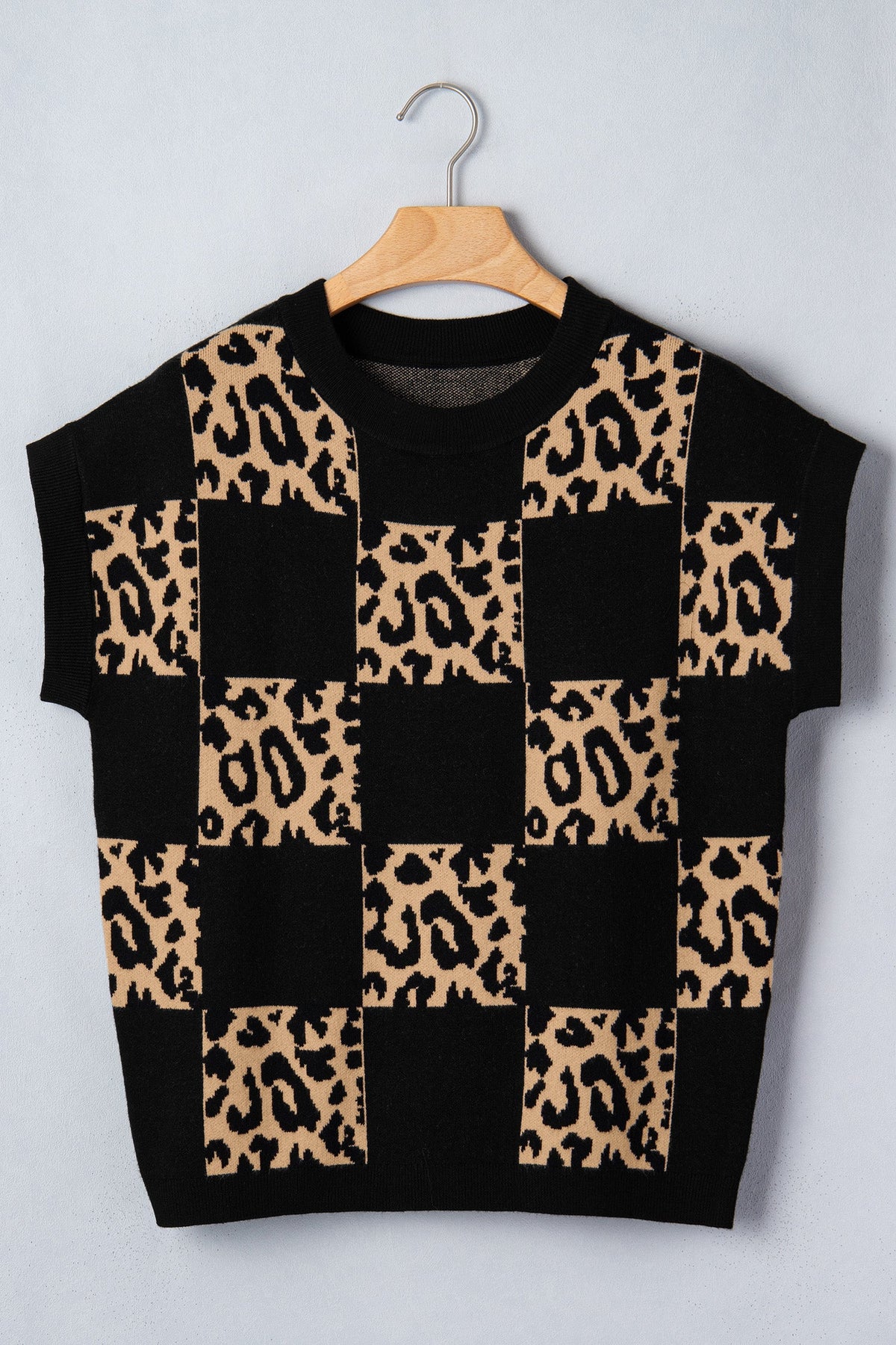 Leopard Checker Short Sleeve Knit Sweater