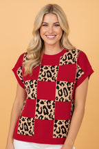 Leopard Checker Short Sleeve Knit Sweater