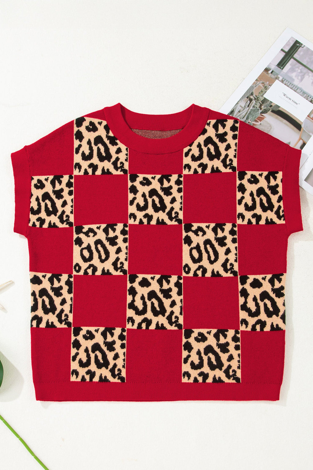 Leopard Checker Short Sleeve Knit Sweater