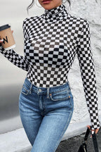 Black Checkered Printed Long Sleeve High Neck Bodysuit