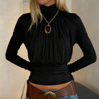 Dark Sexy Black with High Collar Long Sleeve Casual Top Short Waist Controlled Slimming Long Sleeve T shirt Women Autumn