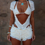 Women Clothing Seaside Beach Vacation Sexy Low Cut Backless Casual Three Piece Sets