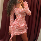 Sexy Floral Dress Women Summer Square Collar Long Sleeve Pleated High Waist Hip