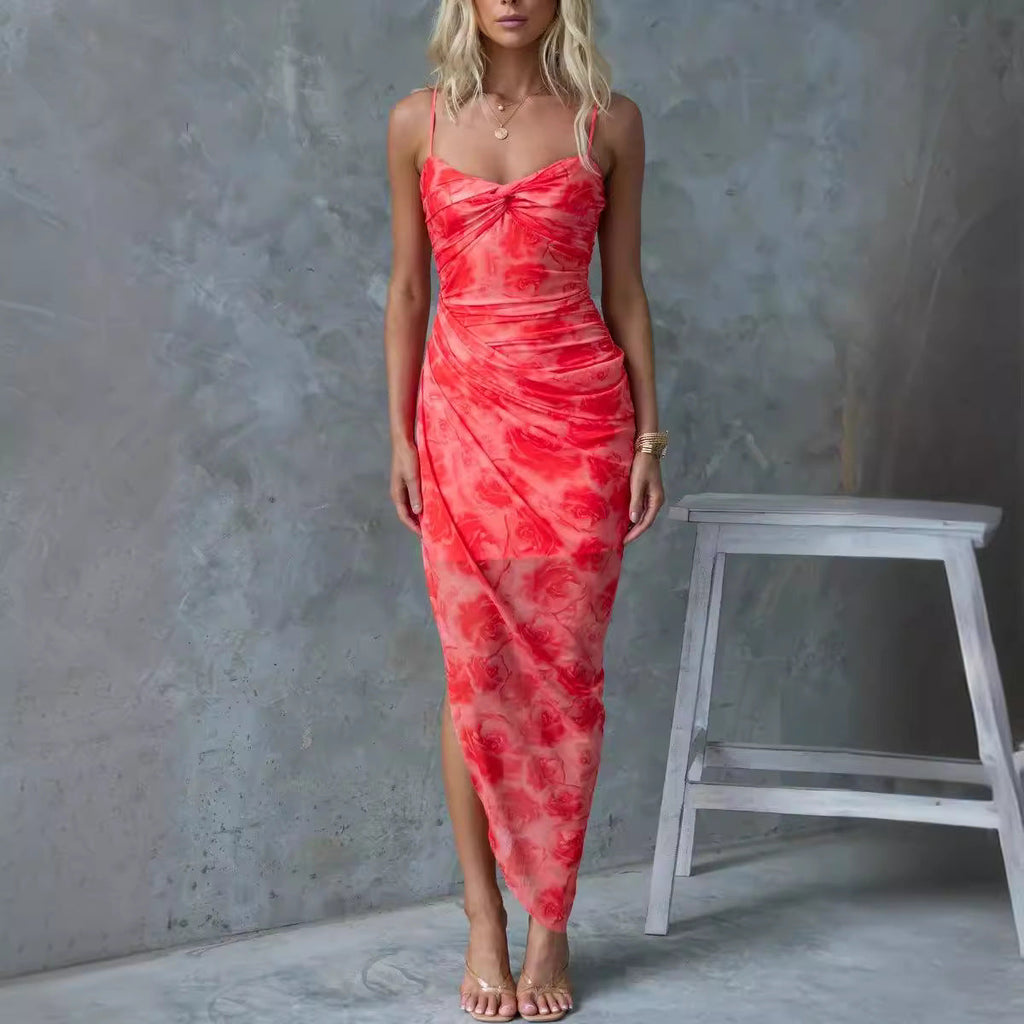 Spring Summer Suspender Floral Print Slit Dress Casual Vacation Loose Dress