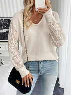 Spring Elegant Women Solid Color V neck Lace Stitching Long Sleeved T shirt Top for Women
