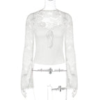 Women Clothing Autumn Winter Sexy Lace Stitching See through Lace up Long Sleeve Tops
