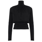 Dark Sexy Black with High Collar Long Sleeve Casual Top Short Waist Controlled Slimming Long Sleeve T shirt Women Autumn