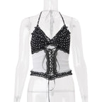 Women Clothing Summer Sexy Lace Slim Fit Patchwork Contrast Color Halter Backless Top