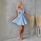 Ladies Summer Casual Flying Sleeves Backless Denim Dress