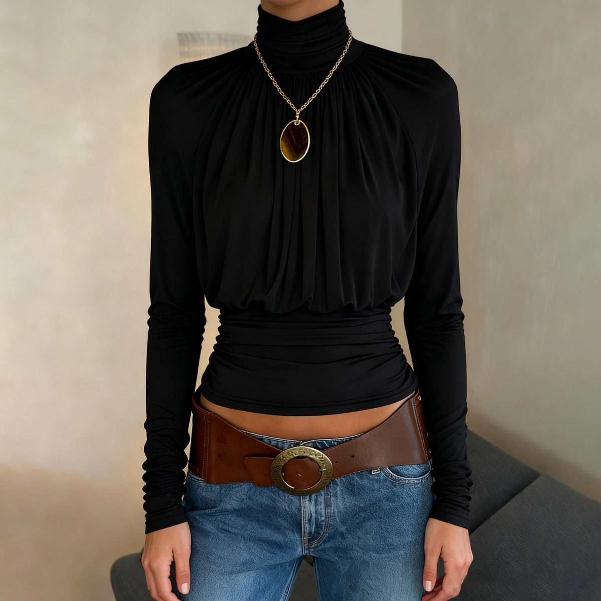 Dark Sexy Black with High Collar Long Sleeve Casual Top Short Waist Controlled Slimming Long Sleeve T shirt Women Autumn