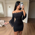 Sexy Woman Lace Stitching off Shoulder Dress Adult Lady like Woman Bell Sleeve Hip Dress