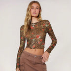 Spring Women Leopard Print Floral Printed Mesh round Neck Short Long Sleeved T shirt Top