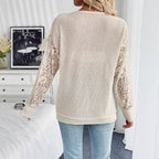 Spring Elegant Women Solid Color V neck Lace Stitching Long Sleeved T shirt Top for Women