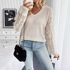 Spring Elegant Women Solid Color V neck Lace Stitching Long Sleeved T shirt Top for Women