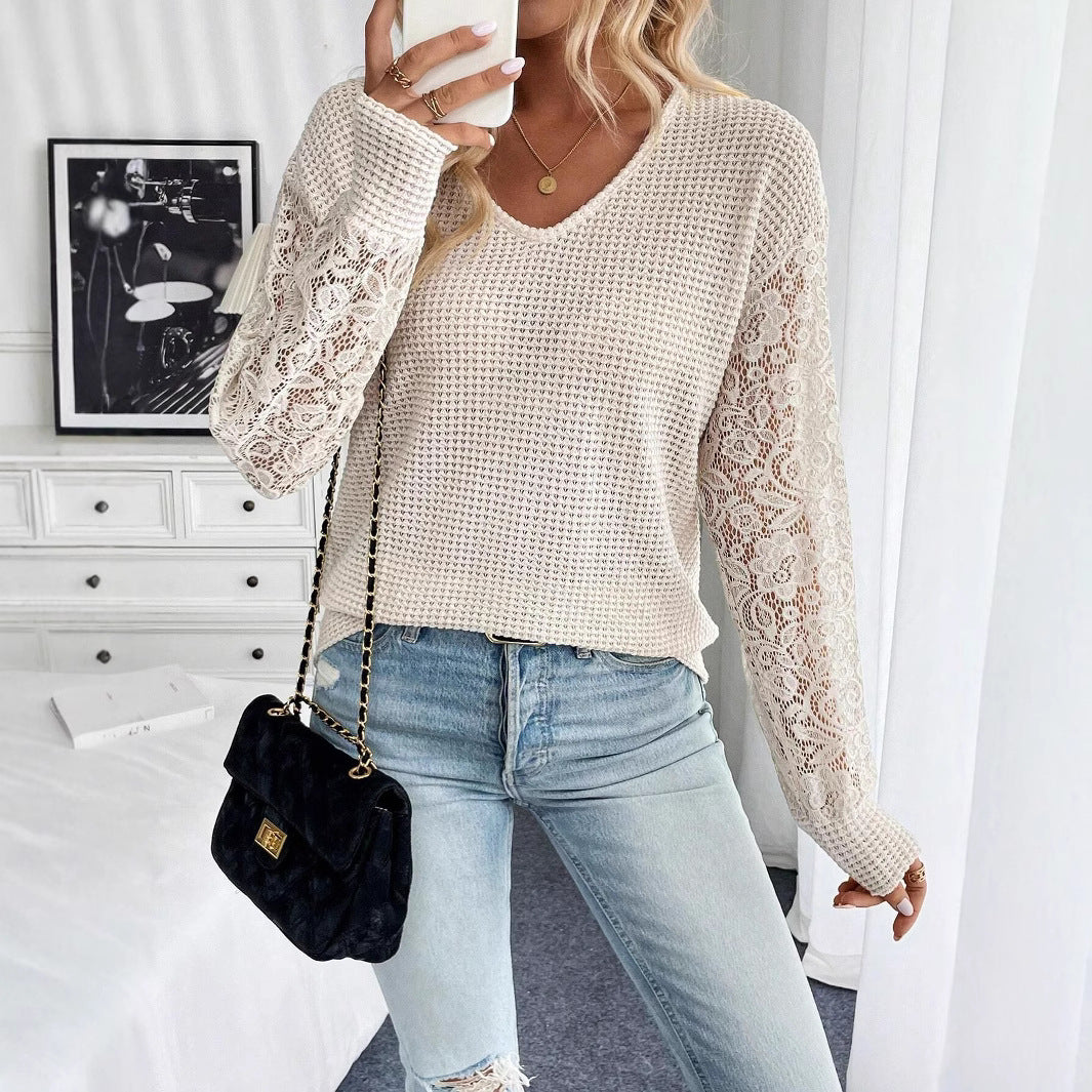 Spring Elegant Women Solid Color V neck Lace Stitching Long Sleeved T shirt Top for Women