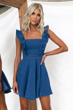 Ladies Summer Casual Flying Sleeves Backless Denim Dress