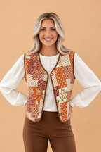 Floral Quilted Patchwork Contrast Trim Buttoned Vest