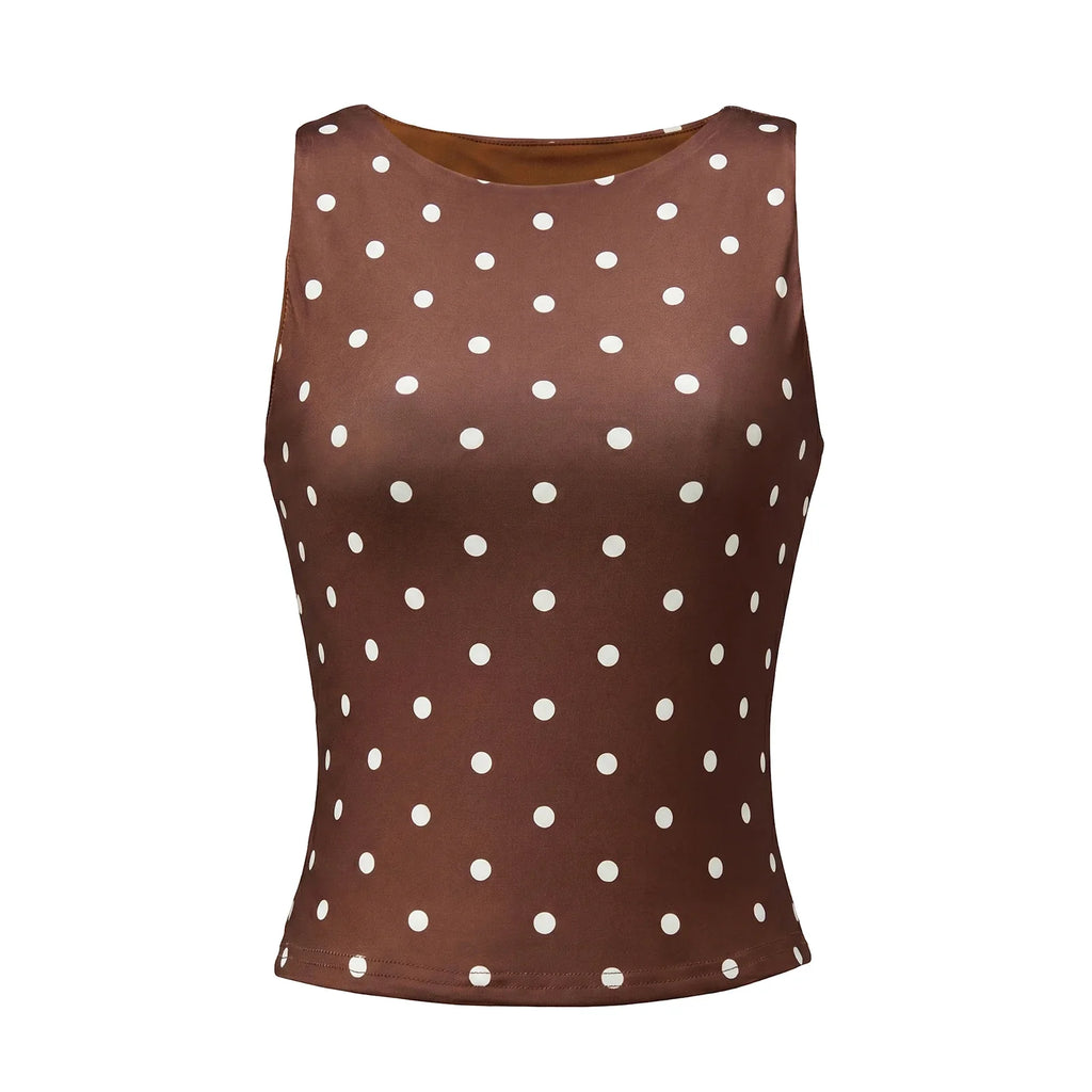 Women Dot Print Tank Tops Summer Crew Neck Sleeveless Classic Slim Fit Crop Vest