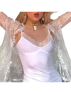 Women Floral Lace Shirts Long Sleeve Front Tie-up Smock Tops Sexy Beach Tops and Blouses Female See Through Cover-ups