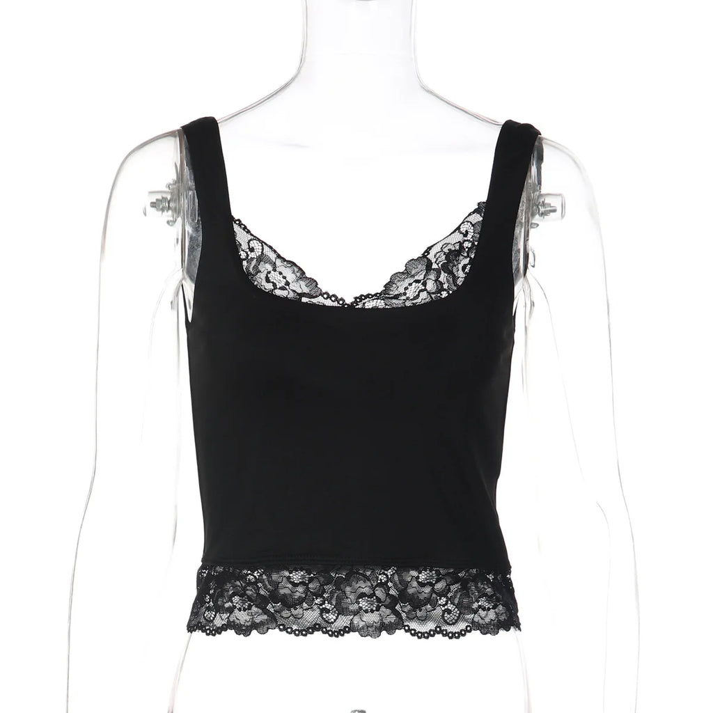 FDYOUI Chic Lace Patchwork Tank Tops for Women 2026 Summer Sleeveless Slim T-shirt Ladies Crop Top Y2K Streetwear Pink Corset