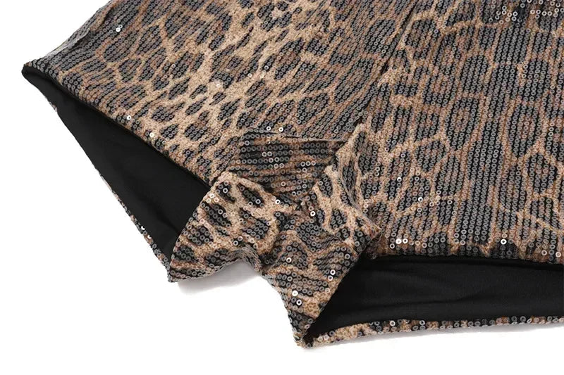 WhereMery Retro Leopard Print Seguins Shiny Chic Short Pants Y2K Spring Women's Fashion Night Club Streetwear Women Mini Bottoms