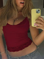 FDYOUI Chic Lace Patchwork Tank Tops for Women 2026 Summer Sleeveless Slim T-shirt Ladies Crop Top Y2K Streetwear Pink Corset