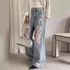 Women's Vintage Lace Stitching Ripped Jeans