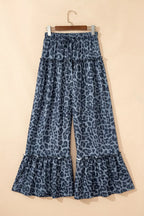 Leopard Print Frilled Detail Drawstring Wide Leg Pants