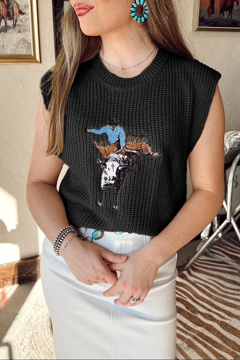 Western Cowboy Embroidered Round Neck Sleeveless Sweater