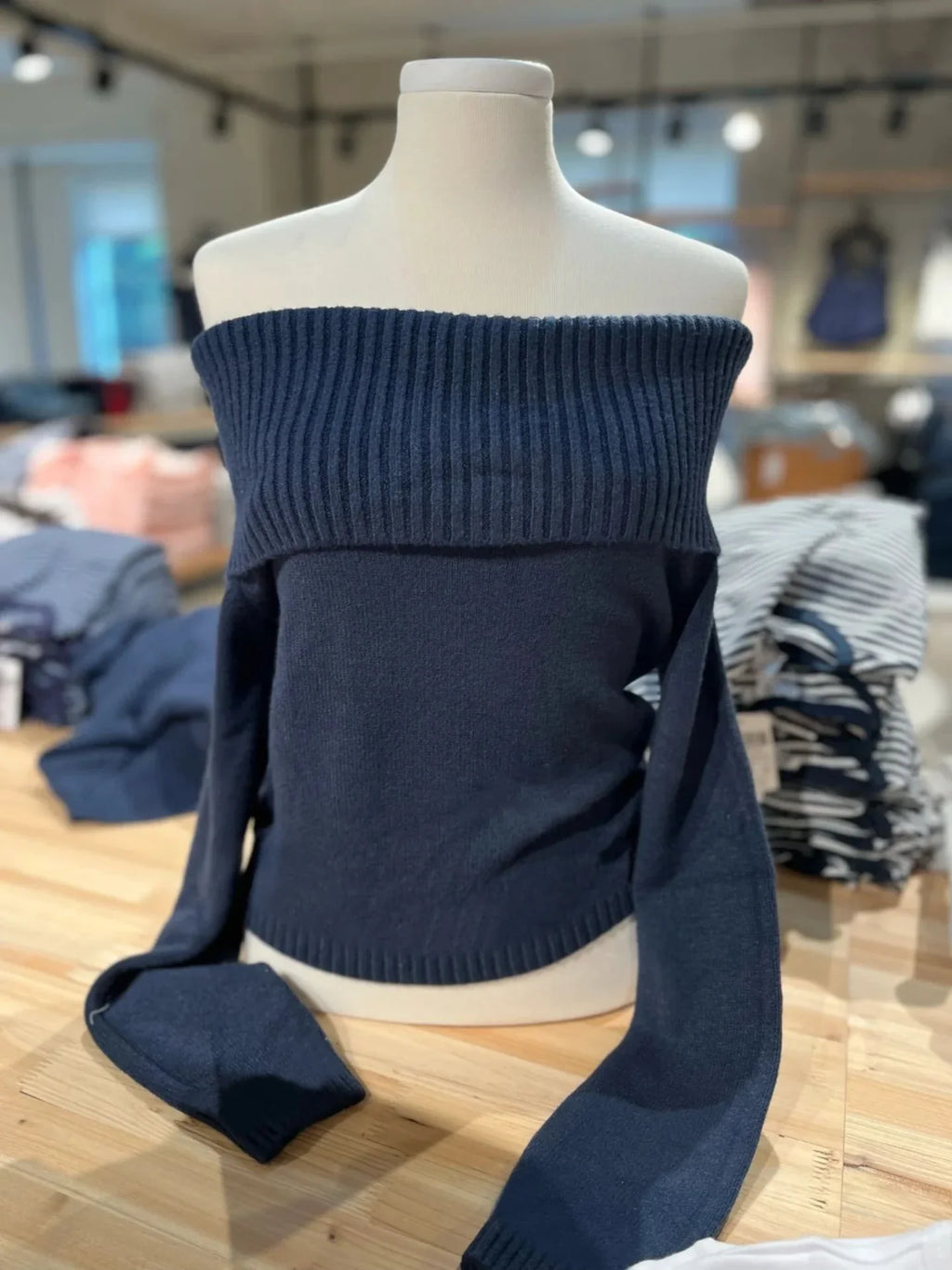 Suéter Y2k Azul Marino Vintage Mujer Cuello Oblicuo Ajustado Manga Larga
