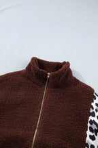 Leopard Patchwork Fleece Zip-Up Collared Jacket
