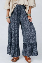 Leopard Print Frilled Detail Drawstring Wide Leg Pants