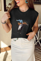 Western Cowboy Embroidered Round Neck Sleeveless Sweater