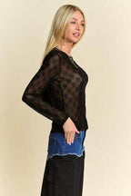 Davi & Dani Bow Mesh Round Neck Long Sleeve Top for Women
