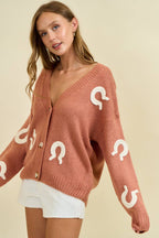 Doe and Rae Western Horseshoe Patch Cardigan — Chunky Knit with Oversized Horseshoe Patches & Button Front (small remains)
