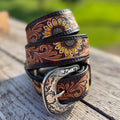 Genuine Leather Western Belt with dark tooled Sunflower details by Double B Wild Rags