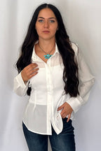 LUCKY & BLESSED "Mercedes" Ivory Western Button-Down Shirt — Tailored Long-Sleeve Cowgirl Staple