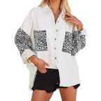 Womens Contrast Leopard Denim Jacket Long Sleeve Button Down Shirts